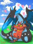  artist_name black_wings charizard closed_eyes clouds cloudy_sky dragon fire highres mega_charizard_x no_humans open_mouth paws pokemon pokemon_(game) pokemon_sm sitting sitting_on_lap sitting_on_person sky torracat wings 