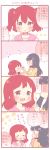  2girls 4koma :d :o bangs black_hair blue_eyes blush comic cutting_hair hair_down hair_ribbon hood hood_down kurosawa_dia kurosawa_ruby long_hair long_sleeves love_live! love_live!_sunshine!! multiple_girls open_mouth redhead ribbon saku_usako_(rabbit) scissors shaded_face siblings sisters smile sweatdrop sweater translation_request two_side_up |_| 