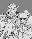  1boy 1girl absurdres airisubaka armor blush carrying crossover cure_lovely dress female greyscale happinesscharge_precure! helmet highres kamen_rider kamen_rider_gaim kamen_rider_gaim_(series) lineart long_hair male monochrome ponytail precure princess_carry 