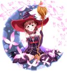  1girl blue_eyes blush broom brown_hair butterfly elbow_gloves gloves hat highres idolmaster idolmaster_cinderella_girls idolmaster_cinderella_girls_starlight_stage looking_at_viewer open_mouth ribbon sakuma_mayu shirushiru_(saitou888) short_hair sitting smile solo thigh-highs wariza witch_hat 