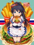  antenna_hair black_hair earrings eating food ganaha_hibiki hamburger hiiringu hoop_earrings idol idolmaster jewelry long_hair ponytail 