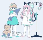  2girls :o aqua_bow aqua_dress aqua_eyes arm_at_side bandaged_leg bandages bandaid bandaid_on_knee bangs bow bowtie brown_hair button_eyes can cat_tail dress eyelashes full_body grey_background grey_bow grey_bowtie hair_bow hair_ribbon hashimoto_nyaa hat holding intravenous_drip legs_apart long_hair looking_at_viewer low_twintails medicine_box multicolored_hair multiple_girls nurse_cap osomatsu-kun osomatsu-san pill pink_hair pocket polka_dot ribbon short_dress short_sleeves short_twintails simple_background spill standing streaked_hair striped stuffed_animal stuffed_cat stuffed_dog stuffed_fish stuffed_toy tail tail_bow teardrop teddy_bear twintails uu_(bd1005) white_bow white_dress yowai_totoko 