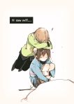  androgynous arm_rest bandaid bandaid_on_face bangs black_boots black_hair black_pants blue_shorts boots brown_boots brown_hair chara_(undertale) comic english floating frisk_(undertale) head_rest injury leg_hug long_sleeves mii_(chibinomi) pants red_eyes scratches shirt shorts smile snow spoilers stick striped striped_shirt sweater undertale wet wet_hair 
