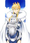  1girl absurdres ahoge armor artoria_pendragon_lancer_(fate/grand_order) blonde_hair blue_sky cape crossed_arms crown fate/grand_order fate_(series) fur-trimmed_cape highres long_hair saber sky solo watercat watercat322 white_cape yellow_eyes 