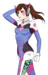  1girl acronym alternate_hairstyle bangs bodysuit boots bracer breasts breasts_apart brown_eyes brown_hair bunny_print clenched_hand cowboy_shot d.va_(overwatch) facepaint facial_mark gloves hand_on_head hand_up headphones legs_apart long_hair long_sleeves m_mim medium_breasts open_mouth overwatch pauldrons pilot_suit ponytail ribbed_bodysuit shoulder_pads simple_background skin_tight solo thigh-highs thigh_boots thigh_strap turtleneck walking weapon whisker_markings white_background white_boots white_gloves 