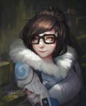  1girl 2016 bangs black-framed_eyewear breasts brown_hair closed_mouth coat dao dao_trong_le dated face fur_trim glasses hair_bun hair_ornament hair_stick highres light_brown_eyes lips looking_afar mei_(overwatch) nose overwatch short_hair signature solo swept_bangs tape upper_body 