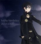  1boy black_hair character_name coat dated halya happy_birthday kirito male_focus short_hair sky smile star_(sky) starry_sky sword_art_online 