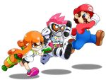  1girl 2boys belt blue_eyes facial_hair female gashacon_breaker goggles gun ink_tank_(splatoon) inkling kamen_rider kamen_rider_ex-aid kamen_rider_ex-aid_(series) konpeto male mario super_mario_bros. mighty_action_x_level_1 multiple_boys mustache orange_eyes spiky_hair splatoon splattershot_(splatoon) super_mario_bros. tentacle_hair weapon 