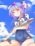 1girl bare_shoulders beach blue_hair blue_sky breast_press breast_rest breasts cannon clouds covered_navel gradient_hair hair_ribbon i-19_(kantai_collection) kantai_collection large_breasts long_hair looking_at_viewer multicolored_hair name_tag ocean one-piece_swimsuit ra-yu red_eyes ribbon school_swimsuit sitting sky smile solo swimsuit torpedo twintails 