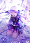  1girl absurdres braid butterfly dangan_ronpa dangan_ronpa_kirigiri highres iceblue kirigiri_kyouko kneeling letter long_hair looking_to_the_side pleated_skirt purple_hair skirt solo twin_braids violet_eyes 