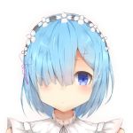  1girl blue_eyes blue_hair blush commentary_request hair_ornament hair_over_one_eye hair_ribbon looking_at_viewer maid maid_headdress pink_ribbon portrait re:zero_kara_hajimeru_isekai_seikatsu rem_(re:zero) ribbon short_hair simple_background solo sorahachi_(sora823) white_background x_hair_ornament 