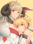  2girls :o ahoge anchira_(granblue_fantasy) anila_(granblue_fantasy) bangs bare_shoulders beads between_breasts blonde_hair blush breasts closed_mouth detached_collar detached_sleeves diamond_(shape) doraf erun_(granblue_fantasy) eyebrows eyebrows_visible_through_hair fur_trim gloves granblue_fantasy hairband hand_on_another&#039;s_back head_on_chest horns hug large_breasts lips long_hair looking_at_another looking_down looking_up monkey_ears multiple_girls red_eyes ribbon_trim ring_necklace sayuco sheep_horns short_eyebrows short_hair simple_background smile stitches thick_eyebrows two_side_up upper_body white_gloves yellow_background 