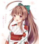  1girl ahoge blush bow brown_eyes brown_hair eyebrows eyebrows_visible_through_hair fang floral_print flower green_bow hair_bow hair_flower hair_ornament huge_ahoge japanese_clothes kantai_collection kimono kuma_(kantai_collection) large_bow long_hair long_sleeves looking_afar masayo_(gin_no_ame) open_mouth ponytail sash sidelocks simple_background smile solo text translated upper_body very_long_hair white_background 