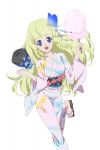 1girl blonde_hair blue_eyes cotton_candy hair_ornament holding japanese_clothes kimono leg_lift long_hair long_sleeves looking_at_viewer official_art open_mouth sandals shirley_fennes simple_background solo tales_of_(series) tales_of_legendia white_background wide_sleeves yukata 