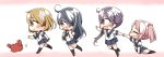  4girls akebono_(kantai_collection) black_hair black_legwear blue_skirt brown_eyes brown_hair closed_mouth commentary_request crab hair_bobbles hair_ornament jako_(jakoo21) kantai_collection kneehighs long_hair multiple_girls oboro_(kantai_collection) pink_hair pleated_skirt ponytail purple_hair sazanami_(kantai_collection) school_uniform serafuku short_hair short_sleeves side_ponytail skirt smile sweat twintails ushio_(kantai_collection) wavy_mouth 