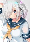  1girl blue_eyes blush breasts collarbone gloves hair_ornament hair_over_one_eye hairclip hamakaze_(kantai_collection) hand_behind_head hidaka0503 kantai_collection large_breasts looking_at_viewer school_uniform serafuku short_hair silver_hair smile solo sparkle white_gloves 