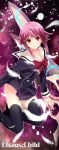  1girl aki663 black_legwear bow bowtie chaos;child collarbone looking_at_viewer onoe_serika pink_hair red_bow red_eyes school_uniform short_hair_with_long_locks smile solo sword thigh-highs weapon white_feathers 