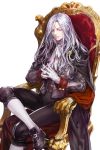  1boy black_pants black_shoes blue_eyes cape chair cravat facial_scar fingers_together gloves highres long_hair looking_at_viewer male_focus official_art pants scar shoes sigmund_(soccer_spirits) sitting soccer_spirits solo white_gloves white_hair white_legwear 