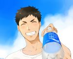  1boy aotama black_hair bottle brand_name_imitation closed_eyes grin haikyuu!! male_focus pocari_sweat sawamura_daichi shirt short_hair sky smile sweat 