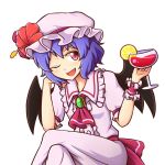  1girl ;d ascot blue_hair blush brooch chin_rest commentary dress fang flower food frilled_shirt_collar frills fruit hat hat_flower hat_ribbon hibiscus holding_drinking_glass jewelry lemon lemon_slice looking_away mob_cap one_eye_closed open_mouth pink_dress puffy_short_sleeves puffy_sleeves red_eyes red_ribbon remilia_scarlet ribbon sash short_hair short_sleeves smile solo touhou white_background wool_(miwol) wrist_cuffs 