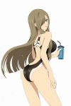  1girl ass blue_eyes brown_hair competition_swimsuit cowboy_shot cup hair_over_one_eye highres holding long_hair looking_at_viewer looking_back official_art one-piece_swimsuit simple_background solo swimsuit tales_of_(series) tales_of_the_abyss tear_grants white_background 