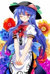  1girl ;) black_hat blue_hair blue_skirt blush bow bowtie brown_eyes closed_mouth cowboy_shot dress_shirt e.o. floral_background food frills fruit hands_together hat highres hinanawi_tenshi leaf long_hair looking_at_viewer one_eye_closed peach puffy_short_sleeves puffy_sleeves rainbow_order red_bow red_bowtie shirt short_sleeves sidelocks skirt smile solo touhou v_arms very_long_hair white_shirt 