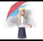  1girl bangs blonde_hair blue_eyes blue_skirt character_request clouds cloudy_sky haine highres holding holding_umbrella letterboxed long_hair pleated_skirt rain red_umbrella school_uniform shirt short_sleeves skirt sky solo umbrella white_shirt 