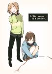  :d androgynous arm_at_side bangs black_boots black_hair black_pants blue_shorts blush_stickers boots brown_boots brown_hair chara_(undertale) comic english frisk_(undertale) hand_on_own_neck leg_hug long_sleeves looking_away mii_(chibinomi) open_mouth pants red_eyes shirt shorts smile snow spoilers standing striped striped_shirt sweater undertale 
