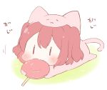  1girl animal_costume animal_hood blush candy cat_costume cat_hood chibi commentary_request eating hood kurosawa_ruby lollipop love_live! love_live!_sunshine!! lying on_stomach redhead saku_usako_(rabbit) solid_eyes solo two_side_up |_| 