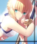  1girl artist_name artoria_pendragon_(all) bare_arms bare_shoulders bikini blonde_hair blurry_background braid breasts clouds cloudy_sky excalibur eyebrows eyebrows_visible_through_hair eyes_visible_through_hair fate/stay_night fate_(series) french_braid green_eyes hair_over_one_eye holding holding_sword holding_weapon leaning_on_object long_hair looking_at_viewer magicians_(zhkahogigzkh) medium_breasts outdoors parted_lips saber sky solo swimsuit sword upper_body weapon white_bikini 