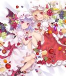  2girls apple bat_wings bell_pepper blonde_hair bow collar crystal dress fangs flandre_scarlet food food_themed_hair_ornament frilled_collar frilled_skirt frilled_sleeves frills fruit grape_hair_ornament grapes hair_ornament hat highres lavender_hair leaf looking_at_viewer lying mob_cap multiple_girls nail_polish on_side open_mouth pepper pointy_ears puffy_short_sleeves puffy_sleeves red_bow red_dress red_eyes red_nails remilia_scarlet short_sleeves side_ponytail skirt smile touhou toutenkou white_bow white_dress white_hat wings wrist_cuffs 