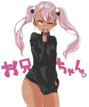  1girl absurdres artist_request blush chloe_von_einzbern dark_skin fate/kaleid_liner_prisma_illya fate_(series) hand_on_hip highres naked_sweater no_panties one_eye_closed pink_hair smile solo sweater twintails yellow_eyes 