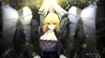  1girl 2015 armor artist_name blonde_hair chest_plate dated fate/stay_night fate_(series) grass green_eyes highres saber solo xkc 