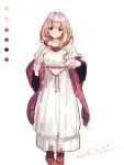  1girl blonde_hair dated dress full_body gradient_hair hijiri_byakuren kasa_jizou layered_clothing long_sleeves looking_at_viewer multicolored_hair purple_hair red_shoes shiny shiny_hair shoes simple_background sketch smile solo touhou white_background white_dress yellow_eyes 