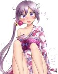  1girl ? akebono_(kantai_collection) arm_support bandaid bandaid_on_face bell blush breasts floral_print flower hair_bell hair_flower hair_ornament highres japanese_clothes jingle_bell kantai_collection kimono long_hair looking_at_viewer neit_ni_sei obi open_mouth purple_hair sash side_ponytail sitting small_breasts solo spoken_question_mark sweatdrop very_long_hair violet_eyes 