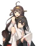  2girls ahoge bare_shoulders black_hair black_legwear black_skirt brown_eyes brown_hair commentary_request detached_sleeves double_bun eyebrows eyebrows_visible_through_hair ghound grey_eyes hair_between_eyes haruna_(kantai_collection) headgear hug kantai_collection kongou_(kantai_collection) long_hair looking_at_another looking_at_viewer multiple_girls nontraditional_miko red_skirt remodel_(kantai_collection) simple_background sitting skirt smile thigh-highs white_background 