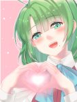  1girl :d blush commentary_request glowing green_eyes green_hair head_tilt heart heart_hands kantai_collection mole mole_under_mouth open_mouth pink_background shinkun smile solo upper_body yuugumo_(kantai_collection) 