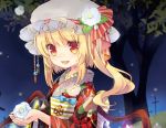  1girl :d bangs blonde_hair bow commentary_request cross fang flandre_scarlet flower hat hat_bow hat_flower holding holding_flower japanese_clothes kimono looking_at_viewer mob_cap night obi open_mouth red_eyes sash sen1986 side_ponytail sidelocks smile solo touhou upper_body wings 
