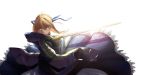  1girl ahoge armor blonde_hair excalibur fate/stay_night fate_(series) glowing glowing_eyes green_eyes highres lens_flare liangchanxingmingrixiang saber solo white_background 