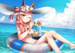  1girl animal_ears bikini blue_bikini blush bracelet breasts cleavage clouds day fate/extra fate/grand_order fate_(series) fox_ears fox_tail hat innertube jewelry large_breasts looking_at_viewer navel ocean one_eye_closed outdoors pink_hair ribbon saito_(chimuyuki) sky solo swimsuit tail tamamo_(fate)_(all) tamamo_no_mae_(swimsuit_lancer)_(fate) water yellow_eyes 