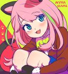  1girl :3 animal_ears bangs blazer blue_eyes blue_skirt blush bow bowtie brown_jacket cat_ears cat_tail collared_shirt eyebrows eyebrows_visible_through_hair fang fur_trim gloves green_hair hashimoto_nyaa hum_(fpswp777) jacket knees_up leg_hug long_hair long_sleeves looking_at_viewer multicolored_hair osomatsu-san paw_gloves paw_print pink_hair school_uniform shirt sitting skirt smile solo streaked_hair tail white_shirt yellow_bow yellow_bowtie 