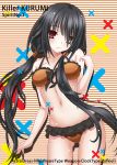  1girl alternate_costume alternate_hairstyle bikini black_hair brown_bikini character_name date_a_live frilled_bikini frills hair_over_one_eye heterochromia highres long_hair low_twintails red_eyes sogegin solo standing swimsuit tokisaki_kurumi twintails 