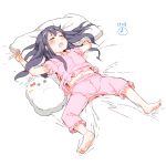  1girl akatsuki_(kantai_collection) alternate_costume barefoot closed_eyes commentary_request drooling gomennasai kantai_collection long_hair lying miss_cloud navel on_back open_mouth pajamas pillow red_ribbon ribbon short_sleeves sleeping solo yellow_ribbon 