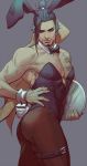  1boy animal_ears ass beard black_hair bow bowtie bunny_tail bunnysuit chonmage collar commentary_request cowboy_shot facial_hair garters grey_hair hair_ribbon hand_on_hip hanzo_(overwatch) highres kkangcheol looking_at_viewer overwatch pantyhose rabbit_ears ribbon simple_background solo tail tattoo tray wrist_cuffs 