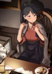  1girl 2016 black_hair blue_eyes box cardboard_box cardigan chair dated desk eyebrows eyebrows_visible_through_hair food houshou_(kantai_collection) indoors kantai_collection lamp looking_at_hand paper pen picture_frame plate ponytail sakura_(medilore) saran_wrap shadow sitting solo twitter_username wall wide_sleeves 