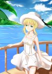  1girl absurdres blonde_hair blue_sky breasts clouds dress fate_(series) green_eyes hat highres ice_spirit_tarot medium_breasts palm_tree railing saber sky smile solo tree water waves 