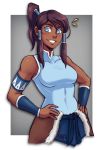  1girl avatar_(series) bare_shoulders blue_eyes blush breasts brown_hair dark_skin hair_tubes iahfy korra long_hair ponytail smile solo the_legend_of_korra 