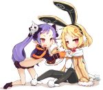  2girls :d anger_vein animal_ears black_legwear blonde_hair bow bright_pupils crop_top curly_hair curry disgaea earmuffs eyebrows feeding food gloves hair_bow hairband hand_on_another&#039;s_cheek hand_on_another&#039;s_face highres jacket kneeling leotard long_hair looking_at_viewer majorita_(disgaea) makai_senki_disgaea_5 midriff miniskirt multiple_girls no_nose open_mouth orange_gloves pantyhose pink_eyes pointy_ears purple_hair purple_shoes purple_skirt rabbit_ears red_eyes shoes short_hair sitting skirt skull smile teranekosu thick_eyebrows twintails usalia_(disgaea) white_background white_shoes yellow_jacket 