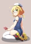  1girl ass blonde_hair blue_eyes book from_behind glasses hat i-8_(kantai_collection) kantai_collection low_twintails name_tag nassukun peaked_cap red-framed_eyewear school_swimsuit shoes sitting smile sneakers swimsuit twintails wariza white_legwear 