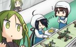  3girls :3 ahoge aichi_e16a aircraft airplane apron black_hair black_serafuku brown_eyes brown_hair commentary conveyor_belt crescent crescent_hair_ornament dandelion dated empty_eyes factory flower gloves green_eyes green_hair hair_ornament hair_over_one_eye hamu_koutarou hat highres hyuuga_(kantai_collection) kako_(kantai_collection) kantai_collection long_hair multiple_girls nagatsuki_(kantai_collection) necktie ponytail school_uniform serafuku sleeping sleeping_upright sparkle teruyof translated white_gloves white_necktie zzz 